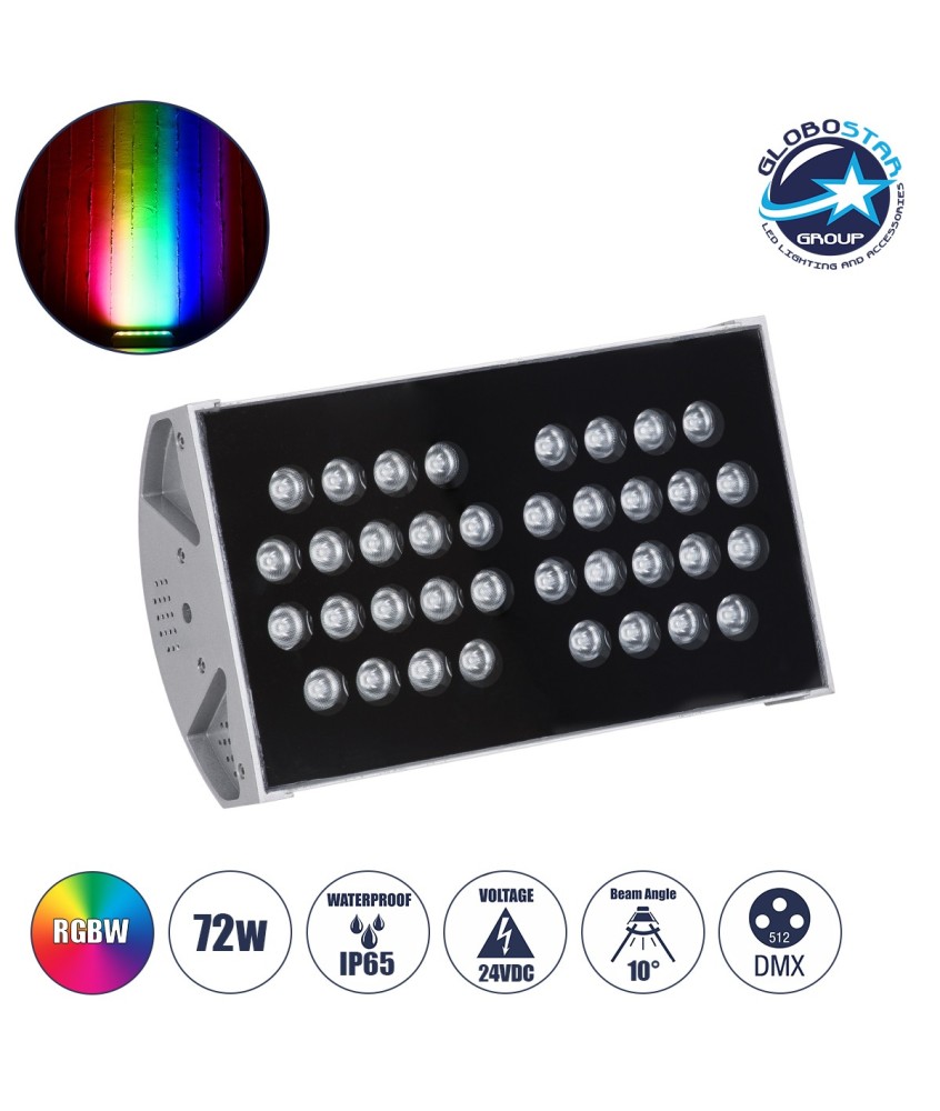 GloboStar® FLOOD-TENA 90222 Προβολέας Wall Washer για Φωτισμό Κτιρίων LED 72W 6120lm 10° DC 24V Αδιάβροχο IP65 L29.8 x W15.5 x H18cm RGBW DMX512 - Ασημί - 3 Years Warranty